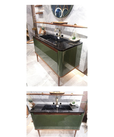 TURIN-Dark Green Gloss- Solid Walnut Wood 2 Front Legs Bathroom Vanity Set