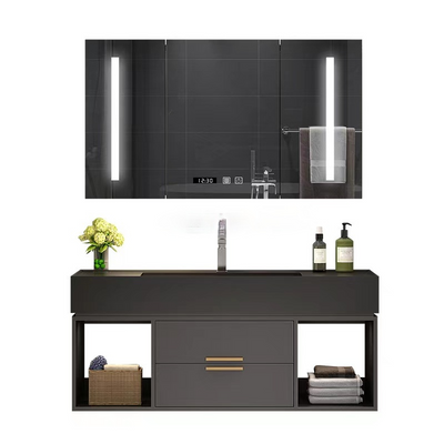 BARI-Grey Gun Wallhung bathroom vanity with Quartz Dark Grey Top Set  48" x 19"