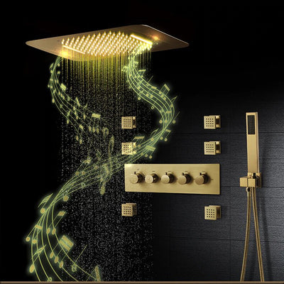 Gold Polished Rain Shower Systems Music LED Shower Head Waterfall Bathroom Faucets Thermostatic Concealed Mixer Shower Speaker