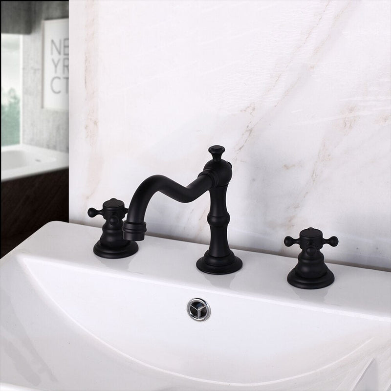 Black matte antique victorian 8" inch wide spread cross handle bathroom faucet