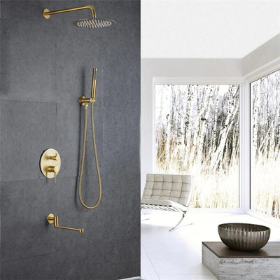 Brushed Gold Round 10 Inch Rain Head 3 Way Diverter & Tub Filler Shower Kit