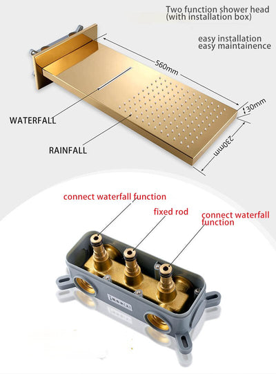 Polished Gold  Waterfall- Rain Head Shower Thermostatic 4 Way Complete System Set