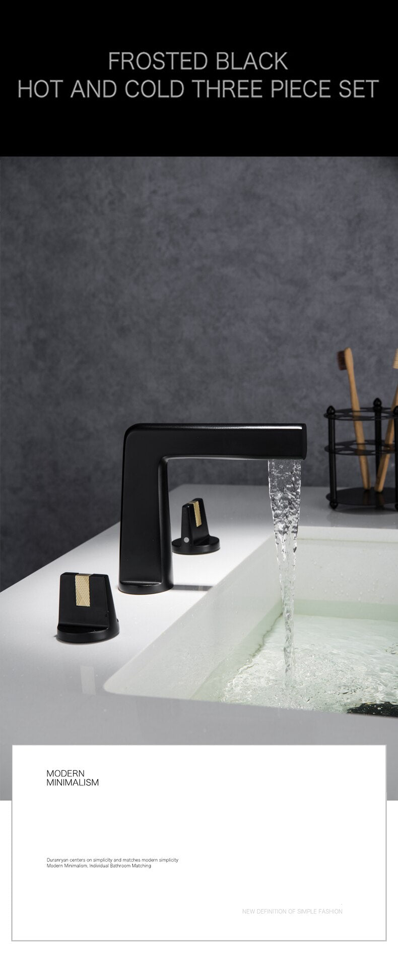 Black with brushed gold 8" inch wide spread bathroom faucet