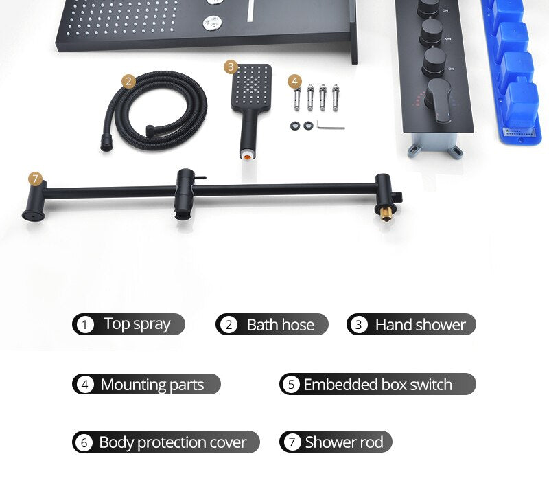 Black matte 22"Waterfall Rain Thermostatic Shower System 4 Way Function Completed Set