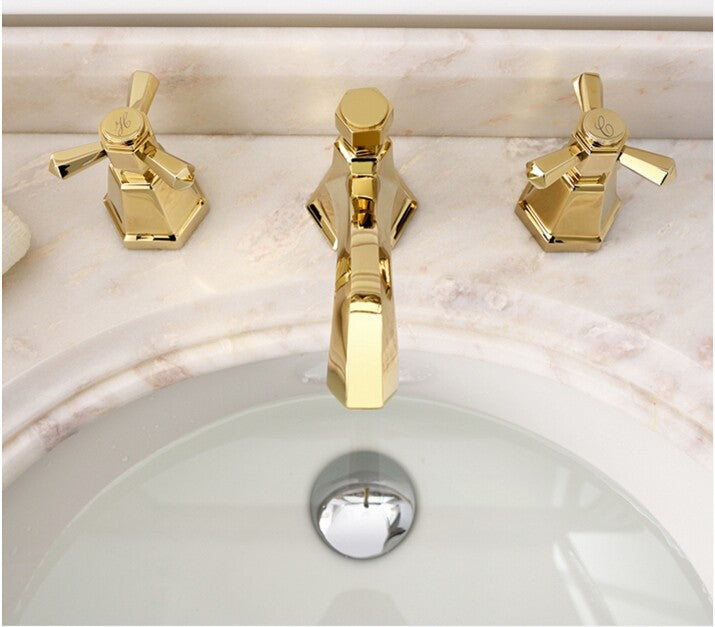 Gold Cross Handles 8 Inch Wide Spread Bathroom Faucet