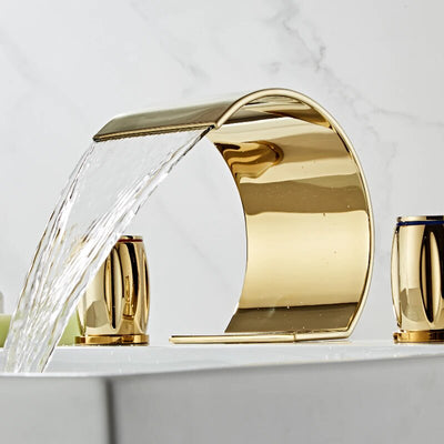 Gold polished waterfall 8" Inch wide Spread Bathroom Faucet
