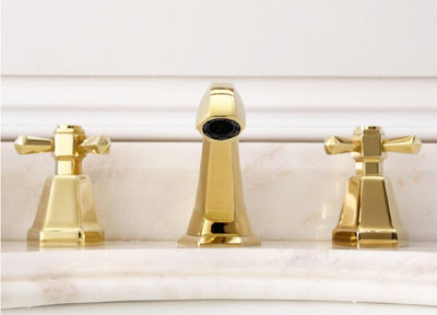 Gold Cross Handles 8 Inch Wide Spread Bathroom Faucet