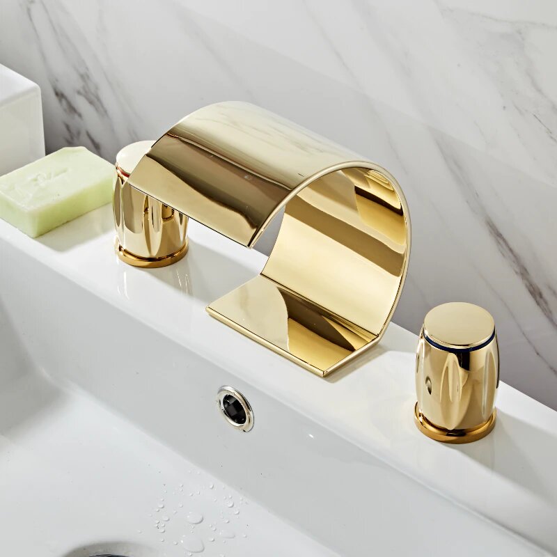 Gold polished waterfall 8" Inch wide Spread Bathroom Faucet