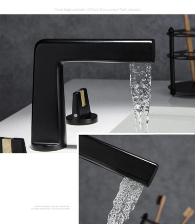 Brushed Gold - Black with Brushed Gold two Tone 8 Inch Wide spread bathroom faucet