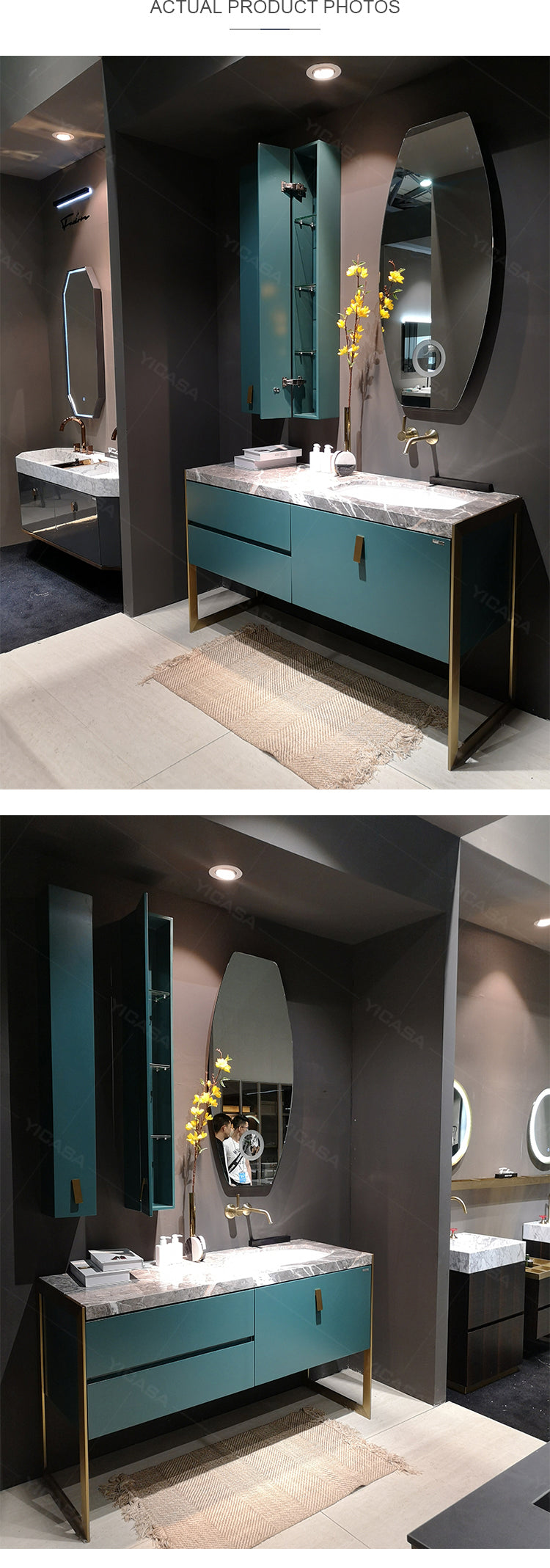 BISONI-Turquoise Green with brushed gold freestanding vanity 55" x 21"