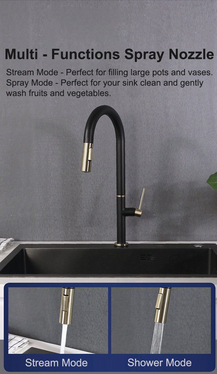 Black and Brushed Gold Two Tone Touchless Sensor Kitchen Faucet Pull Out Dual Sprayer