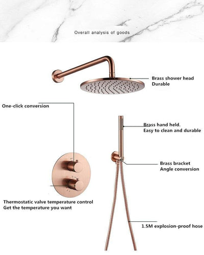 Rose Gold Polished Shower Faucets 8-12" Rainfall Shower Head Bathroom Shower System Diverter 2 Ways Thermostatic Valve Shower Set