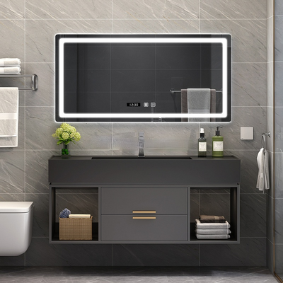 BARI-Grey Gun Wallhung bathroom vanity with Quartz Dark Grey Top Set  48" x 19"