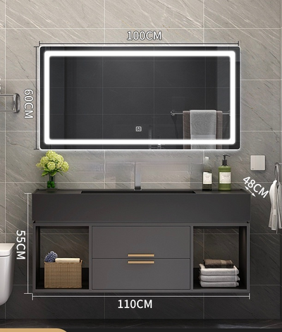 BARI-Grey Gun Wallhung bathroom vanity with Quartz Dark Grey Top Set  48" x 19"