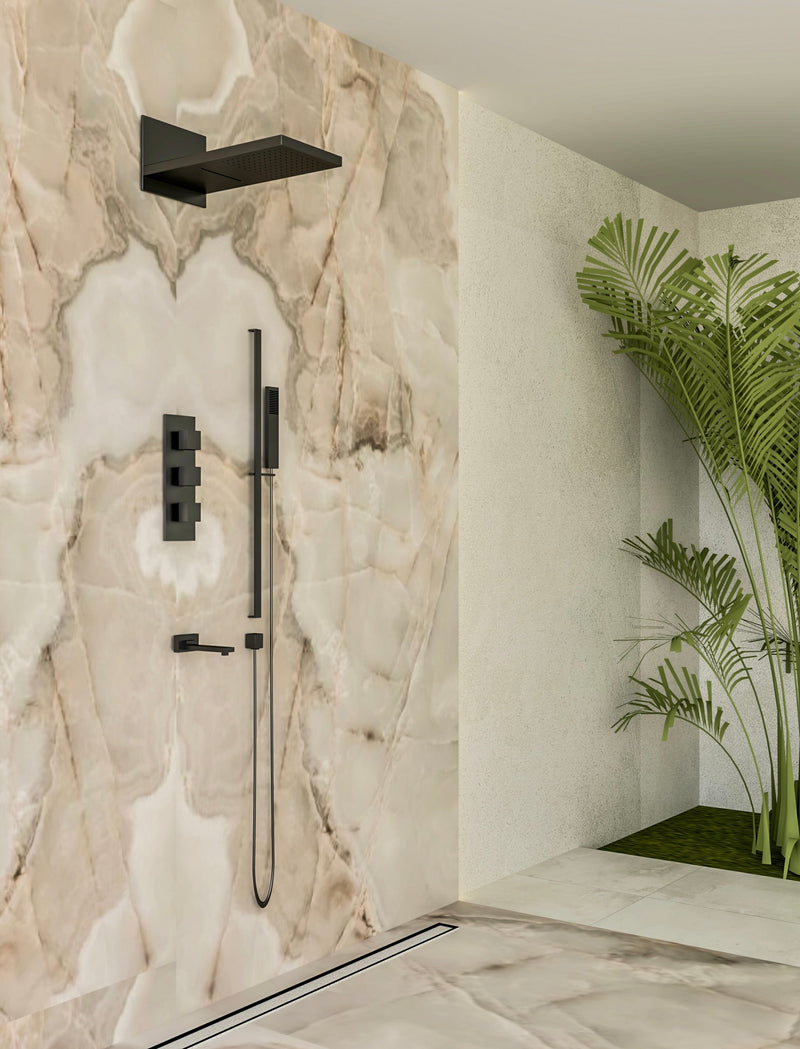 Brushed Gold- Polished Gold- Matte Black Square 2 & 3 Way Thermostatic Waterfall Rain Head Shower Kit