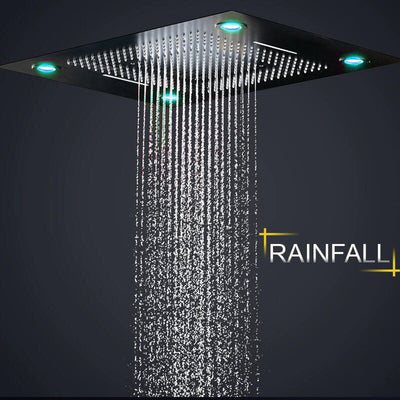 Monster Matte Black rain head  Size 32" x 24" Inch LED Rain Shower System -Matt Black Ceiling Flush Rain Head- Waterfall Shower Panel Head Thermostatic High Flow Shower with 6 body jets massage