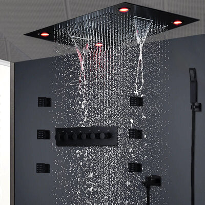 Monster Matte Black rain head  Size 32" x 24" Inch LED Rain Shower System -Matt Black Ceiling Flush Rain Head- Waterfall Shower Panel Head Thermostatic High Flow Shower with 6 body jets massage