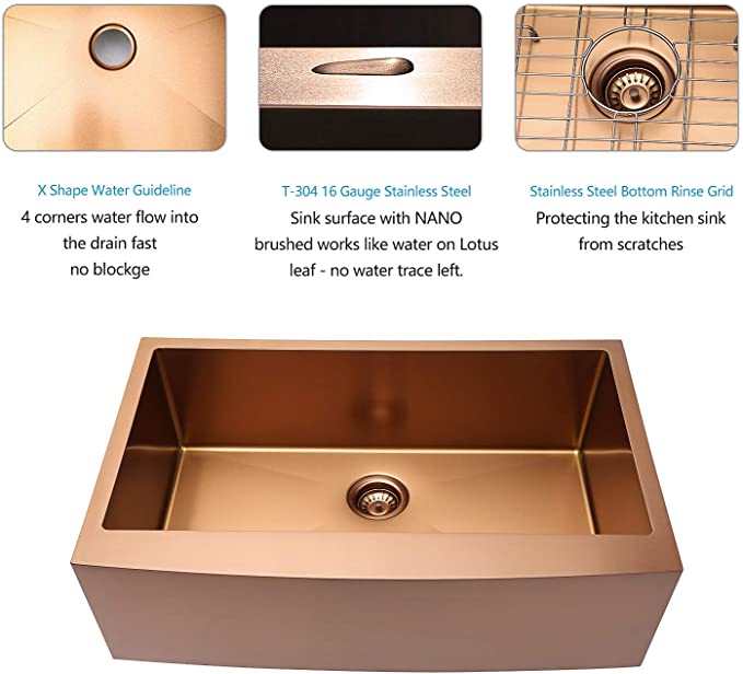 Rose Gold Stainless Steel Farmer Apron Single Bowl Kitchen Sink