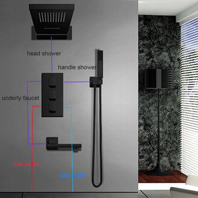 Black Square Thermostatic Waterfall Head Wall Holder Mixer Tap Bath 4-way Thermostatic Shower Faucet