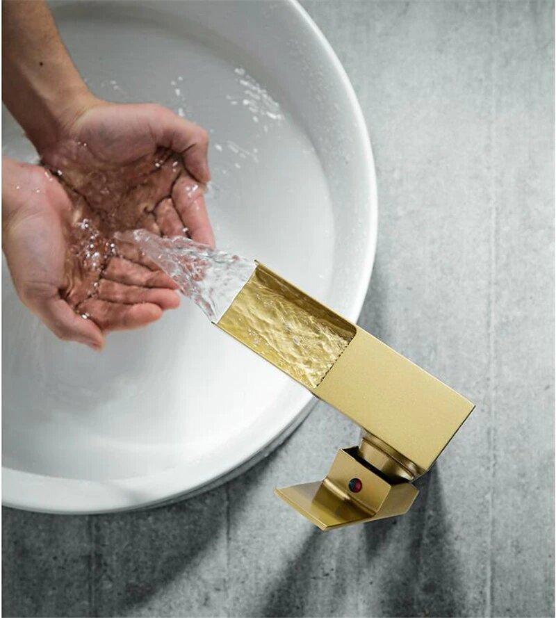 Brushed gold tall vessel modern waterfall bathroom faucet