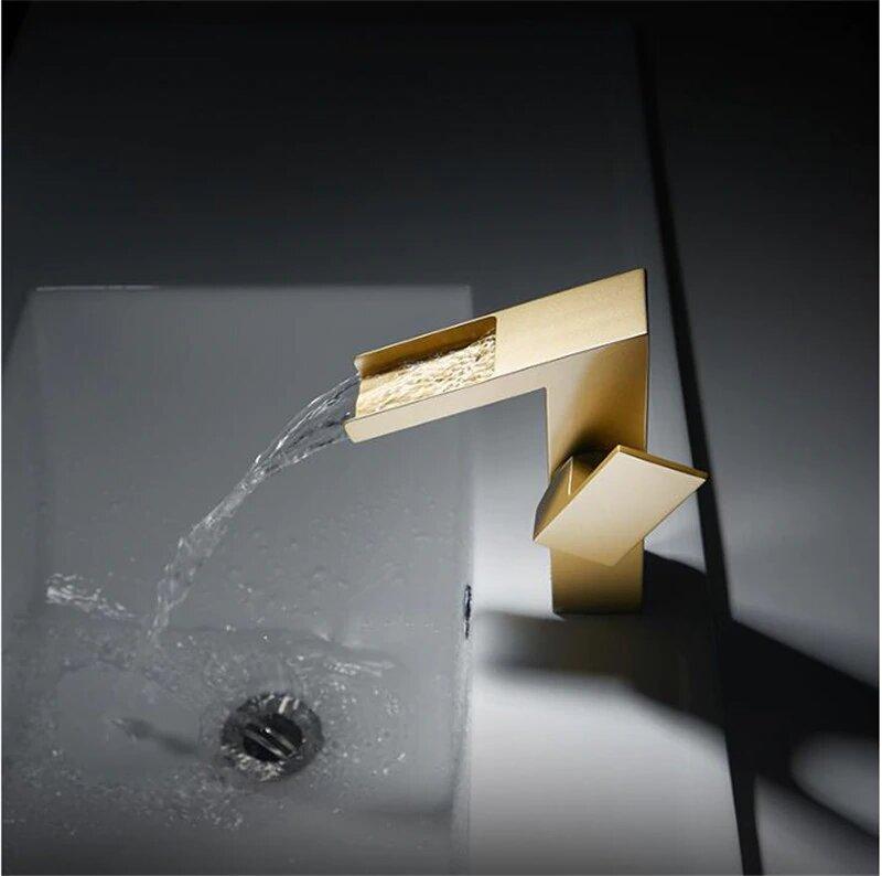 Brushed gold tall vessel modern waterfall bathroom faucet