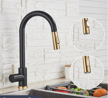 Black with brushed gold touchless dual pull out sprayer