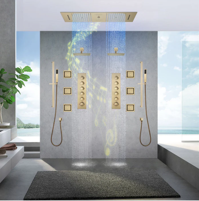36" IN DUAL SHOWERHEAD COMPLETE LED BLUETOOTH SHOWER SPA SYSTEM  SHOWER SET 6 BODY JETS 2x WALL MOUNTED RAINFALL SHOWERHEAD