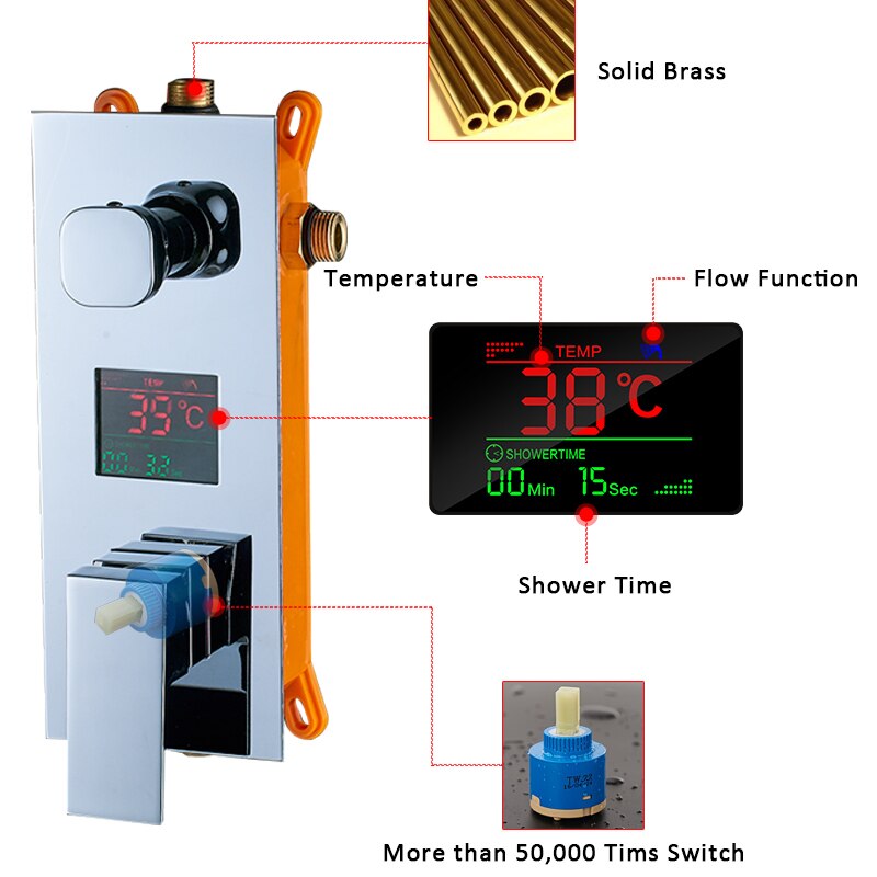 Chrome Square 10 Inch Rain LCD Temperature Control Display 2 way diverter function shower kit