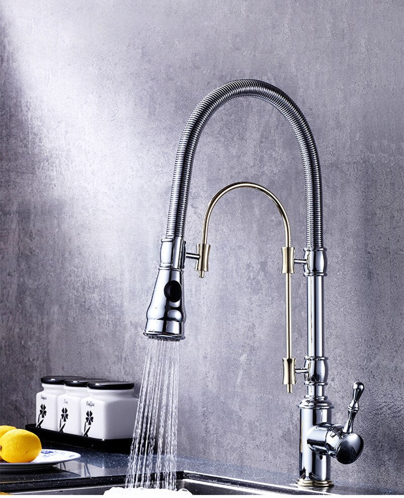 Hamilton-2 Way Chrome or Chrome with Gold Kitchen Tall Dual Pull Out Mode Kitchen Faucet
