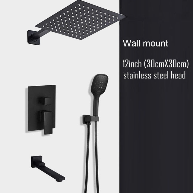 Black Ceiling or Wall Mounted 2 or 3 Way Pressure Balance Shower Completed Set