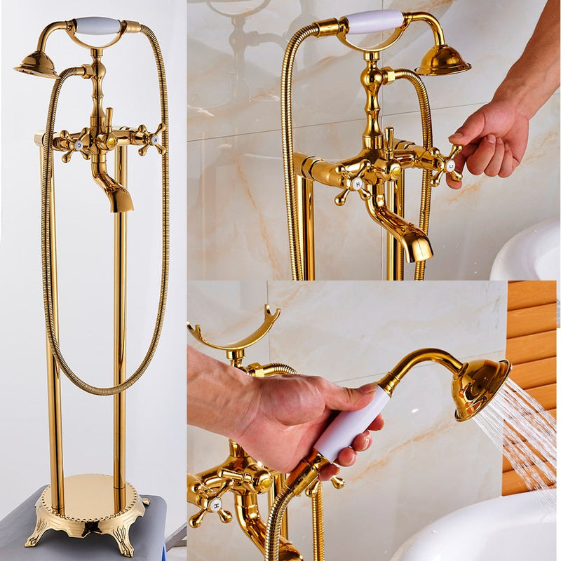 Polished Gold Freestanding Antique Victoria Style Bathtub Filler Faucet