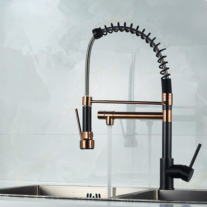 Black with Rose Gold Spring Pull Down Kitchen Faucet Dual Spouts 360 Rotation Single Handle