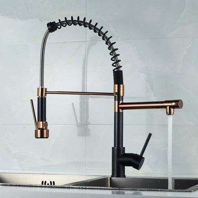 Black with Rose Gold Spring Pull Down Kitchen Faucet Dual Spouts 360 Rotation Single Handle