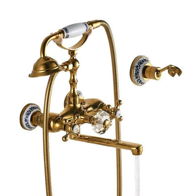 Gold Wall-mounted Bathtub Filler with Porcelain Handles