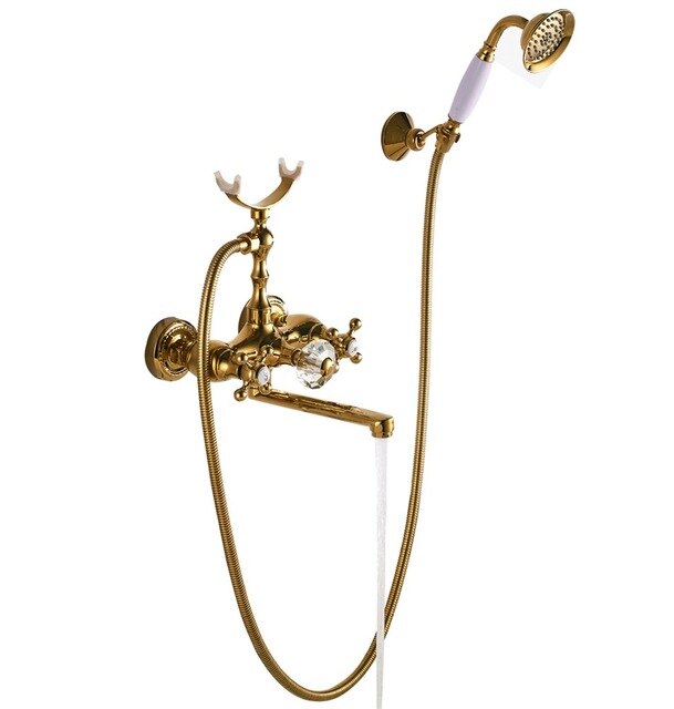 Gold Wall-mounted Bathtub Filler with Porcelain Handles