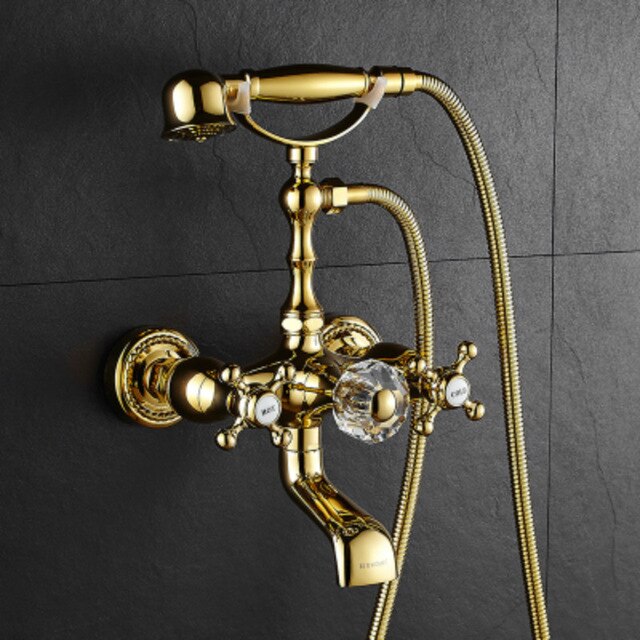 Gold Wall-mounted Bathtub Filler with Porcelain Handles