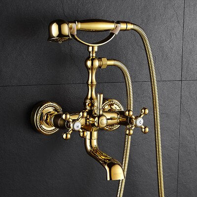 Gold Wall-mounted Bathtub Filler with Porcelain Handles