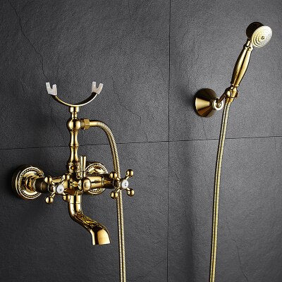 Gold Wall-mounted Bathtub Filler with Porcelain Handles