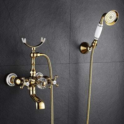 Gold Wall-mounted Bathtub Filler with Porcelain Handles