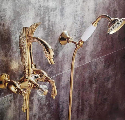 Gold Polished Swan Bathtub Filler 2 Way with Porcelain Handle sprayer