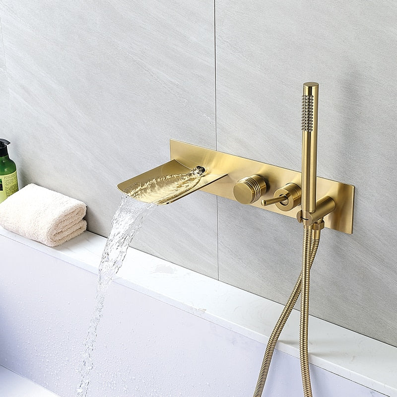 Brushed Gold-Black matte Bathtub Waterfall Filler With Hand Held Sprayer kit