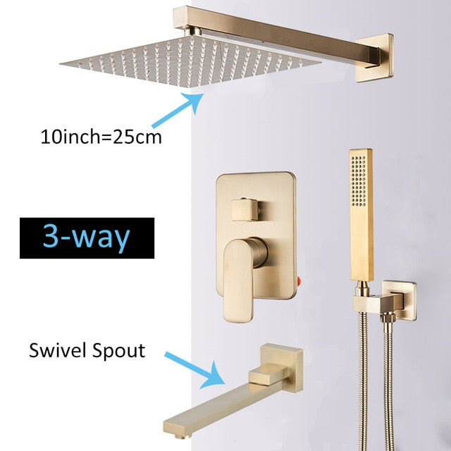 Brushed Gold Shower With Square Rain Shower Completed shower kit