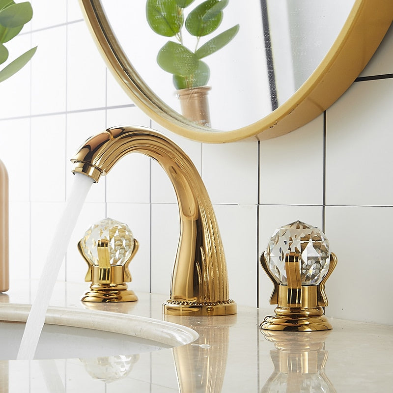 Gold 8 Inch Wide Spread Faucet With Crystal Ball Handles