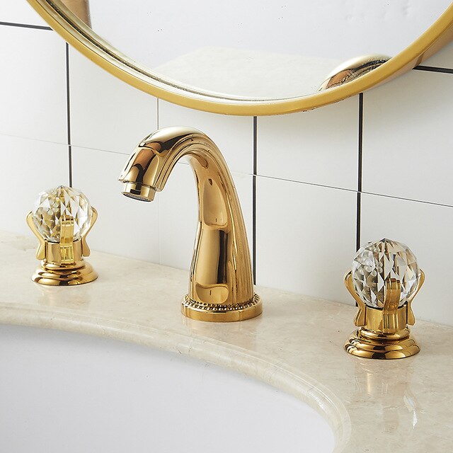 Gold 8 Inch Wide Spread Faucet With Crystal Ball Handles
