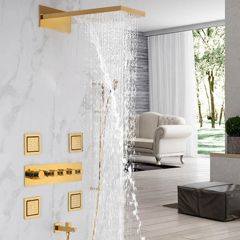 Polished Gold  Waterfall- Rain Head Shower Thermostatic 4 Way Complete System Set