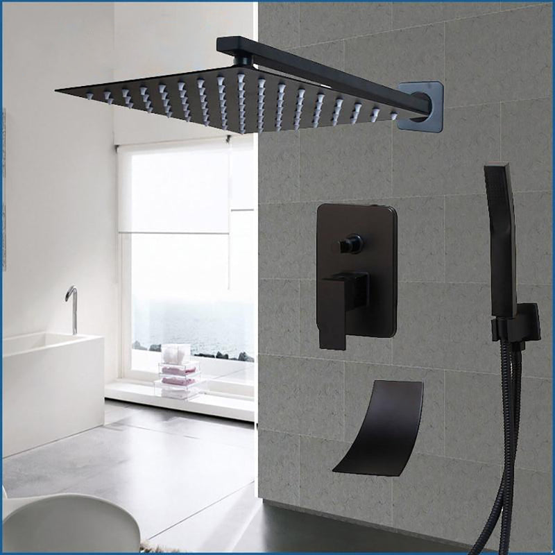 Black 3 Way Mixer Diverter Shower With Square Rain Head and Waterfall Tub Spout Completed Set