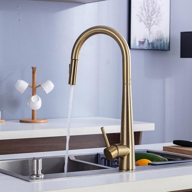 Brushed Gold PVD Tall Kitchen Faucet Dual Pull Out Sprayer