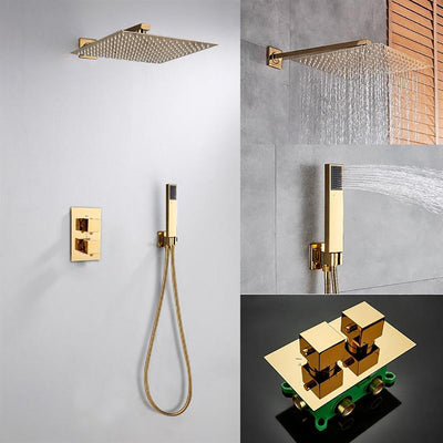 LONDON-Gold Polished Square Design Rain Head 2 Way Mixer Valve Thermostatic Shower Kit