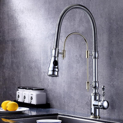 Hamilton-2 Way Chrome or Chrome with Gold Kitchen Tall Dual Pull Out Mode Kitchen Faucet