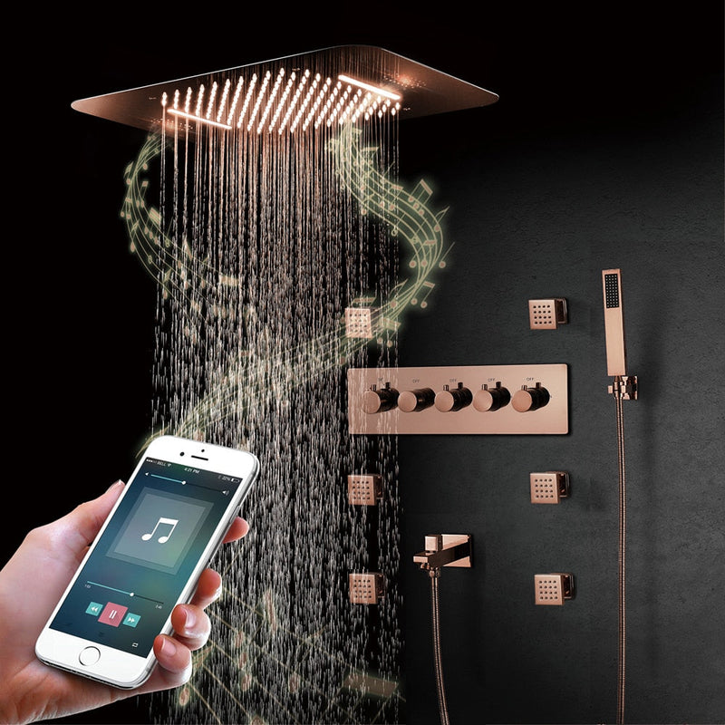 Rose Gold Polished Smart Shower WIFI Music LED Rain Head 23"x15" With Waterfall, Mist Spray and Thermostatic Hand Held Spray with 6 Body Jets Massage Sprayers shower kit